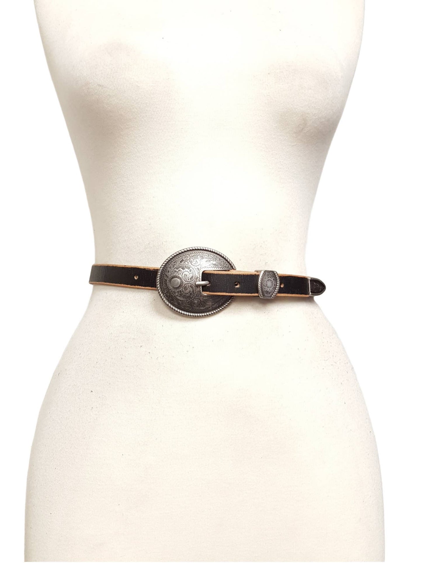 Axesoria West - Vintage Skinny Leather Belt w.  antique silver floral buckle: Brown / L/X