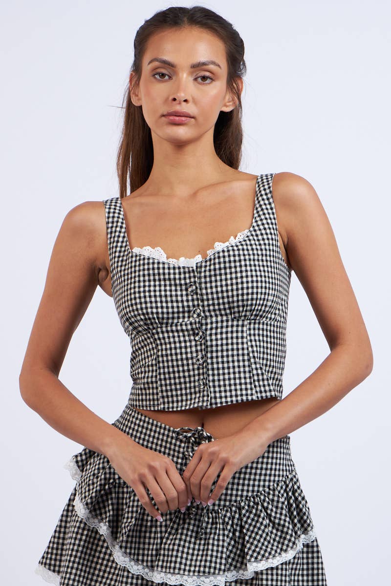Sky to Moon - CHECKER PRINT FRONT BUTTON LACE TRIM CROP TOP: Black Checker / S