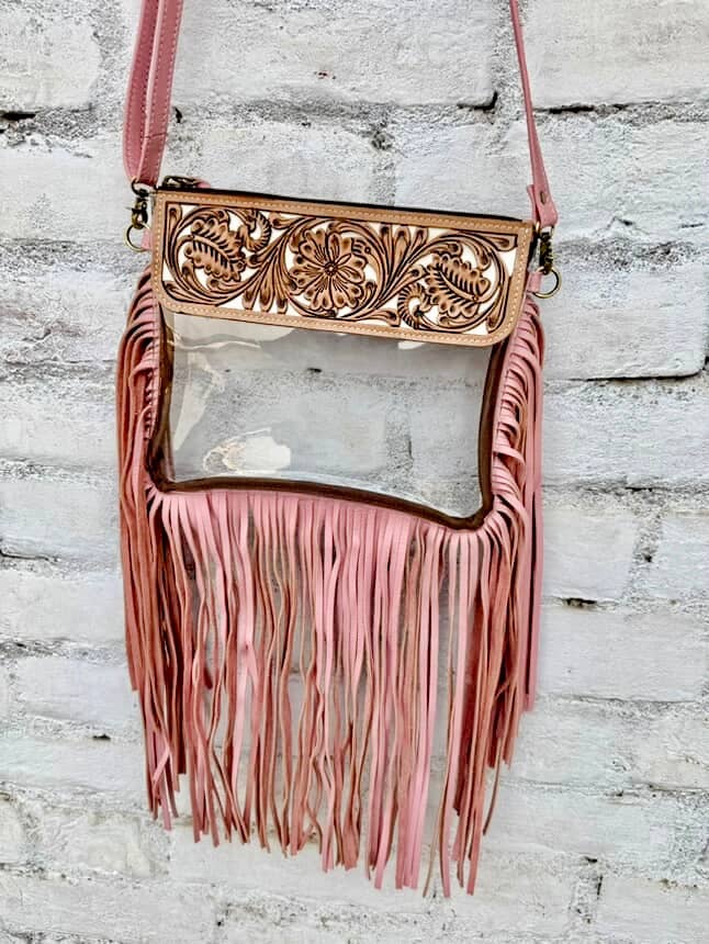 Boho Ranch Shop - Hand Tooled Clear Purse Crossbody - Concert Game Day Stadium: BROWN/ TURQUOISE