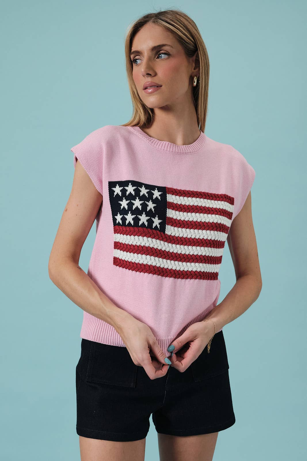 Sunday Edition - ROUND NECK WIDE SHOULDER USA FLAG SWEATER: LT BLUE / L