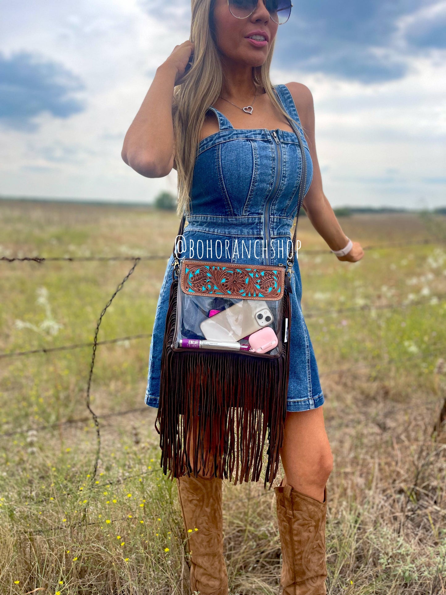 Boho Ranch Shop - Hand Tooled Clear Purse Crossbody - Concert Game Day Stadium: BROWN/ TURQUOISE