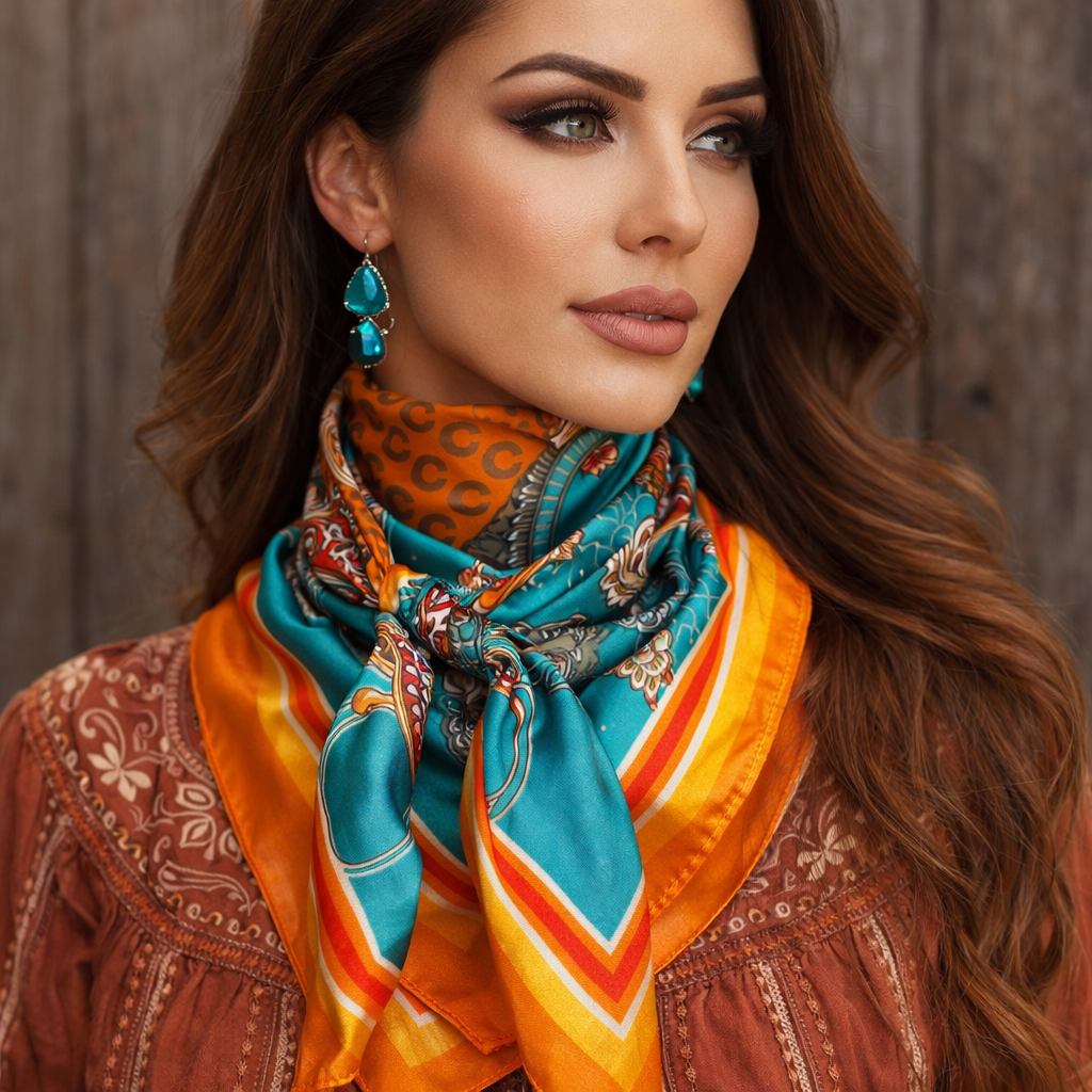Rodeo Drive - 35X35" Orange and Turquoise Horse Shoe Paisley Wild Rag / Scarf WR1033