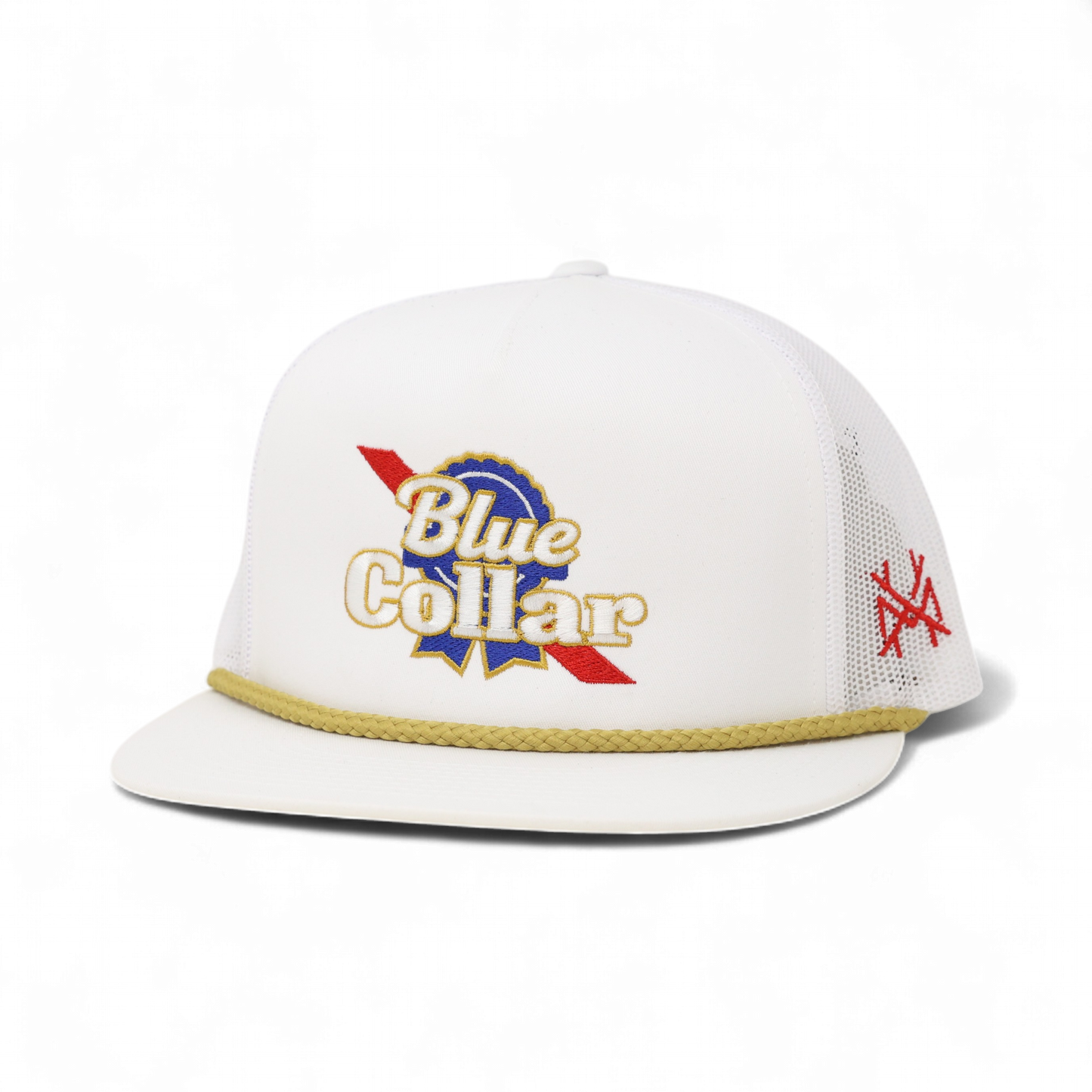 The Mad Hatter Co - Blue Collar Trucker Hat: Flat Bill Black with Red Rope
