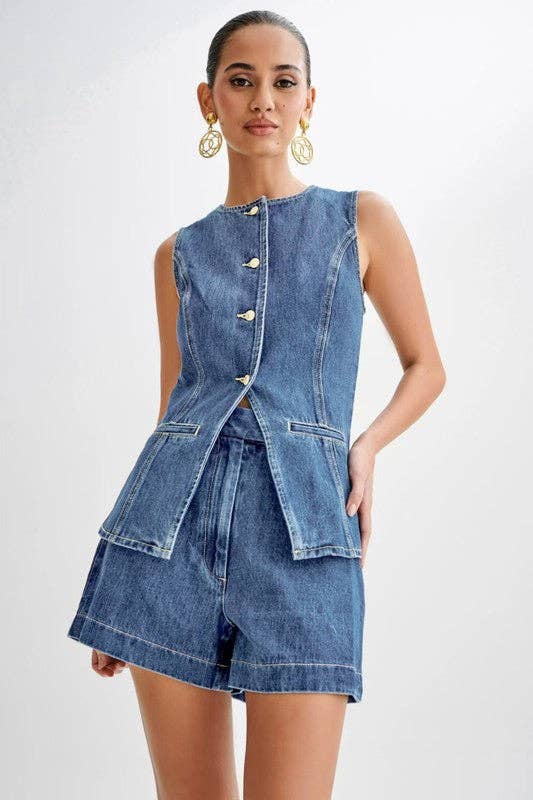 By Claude - WOMEN FASHION DENIM TWO PIECE SET: Navy / S