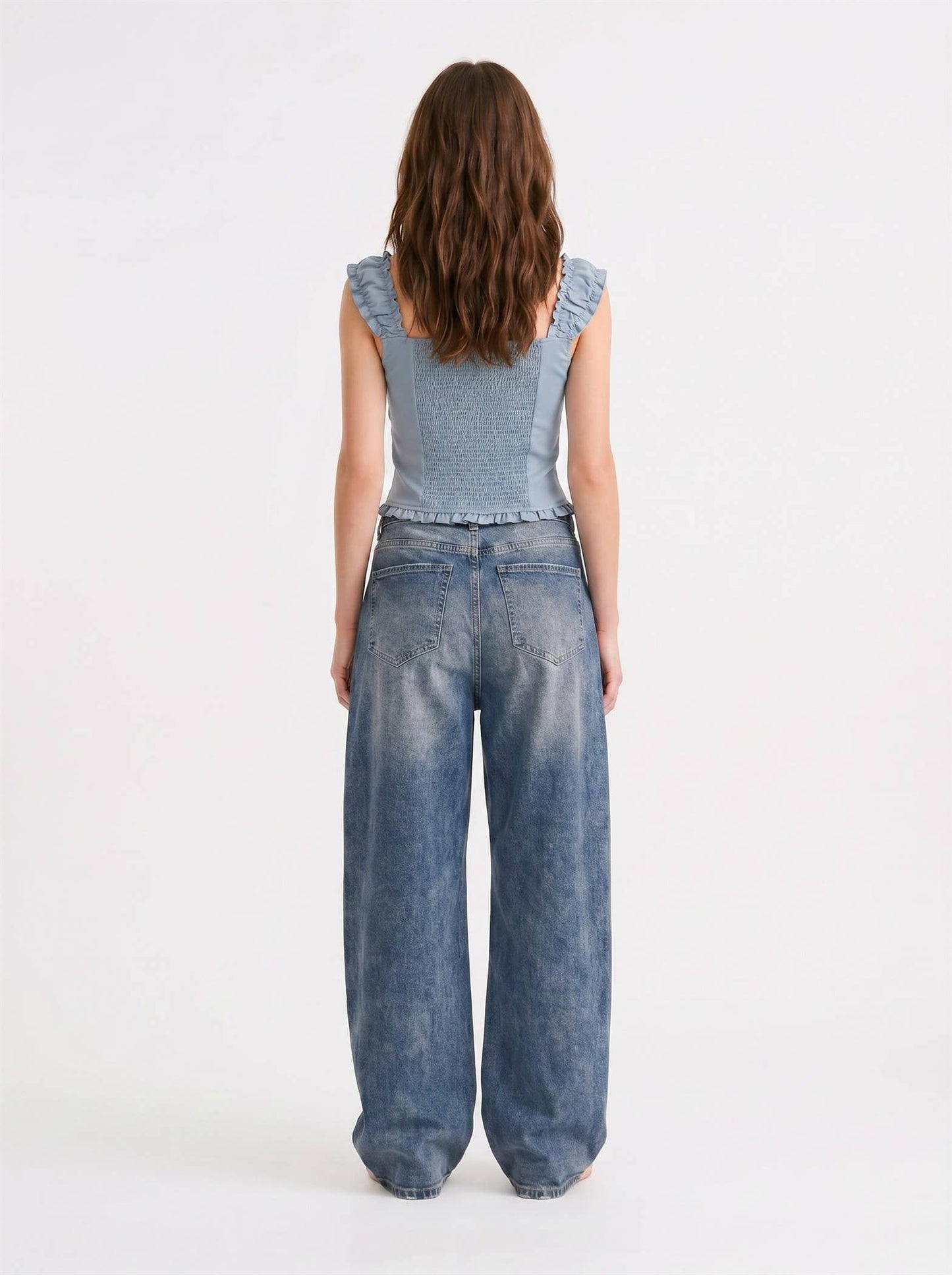 J LINE - RUFFLE STRAP BUTTON DOWN FITTED TOP: DENIM / S-M-L(2-2-2)