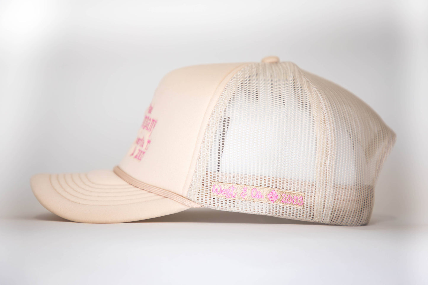 West & Co. - Tan Trucker Cap w/ Embroidered Light Pink Cowgirl Era Design