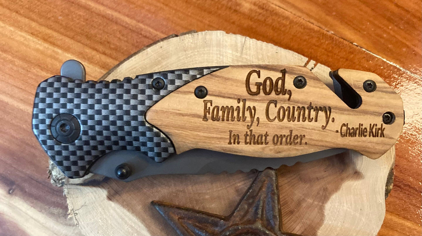 Quail Tail Laser Art - The "God, Family, Country" Knife, Charlie Kirk Quote