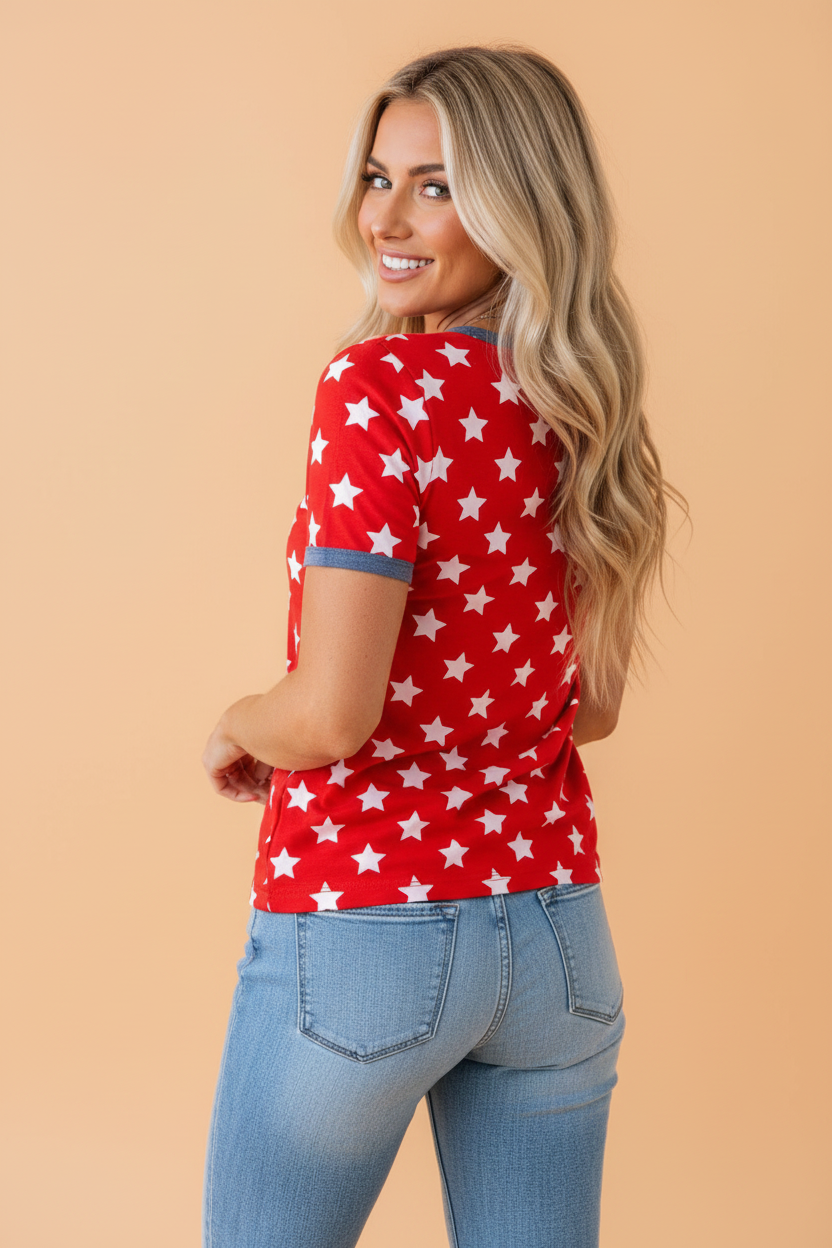 PRETTY BASH - PRETTY BASH Americana Stars Colorblock Short Sleeve Top: Red / M