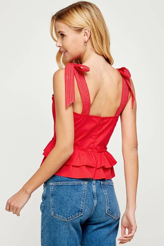 Strut & Bolt - Poplin Ruffle Sleeveless Top: RED