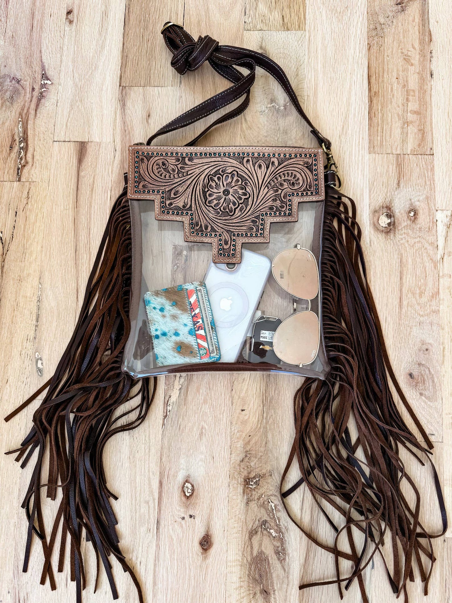 Boho Ranch Shop - SHAYNE LARGE - Hand Tooled Clear Crossbody Concert bag: Brown