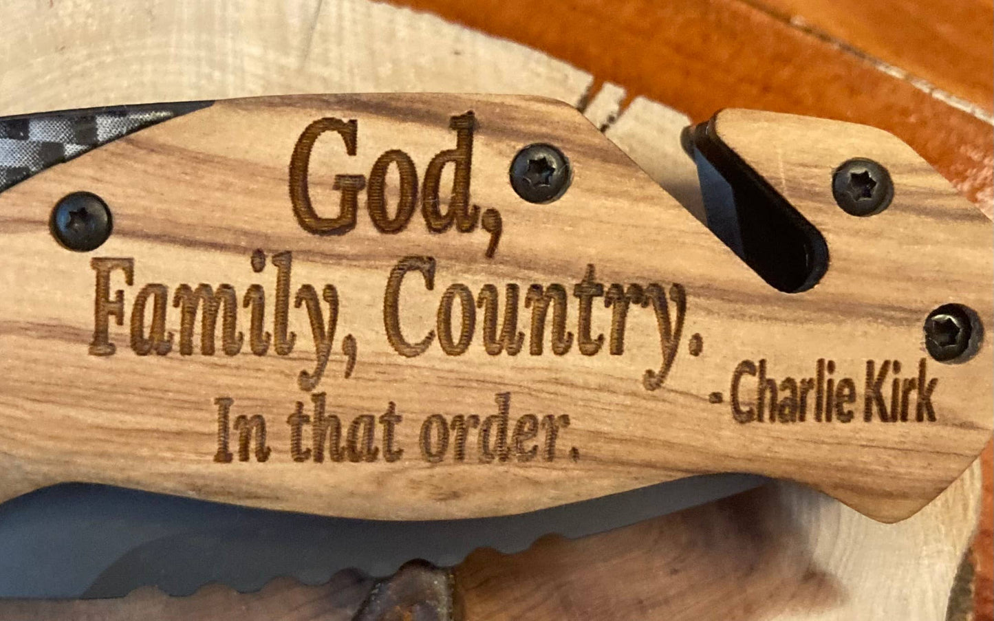 Quail Tail Laser Art - The "God, Family, Country" Knife, Charlie Kirk Quote