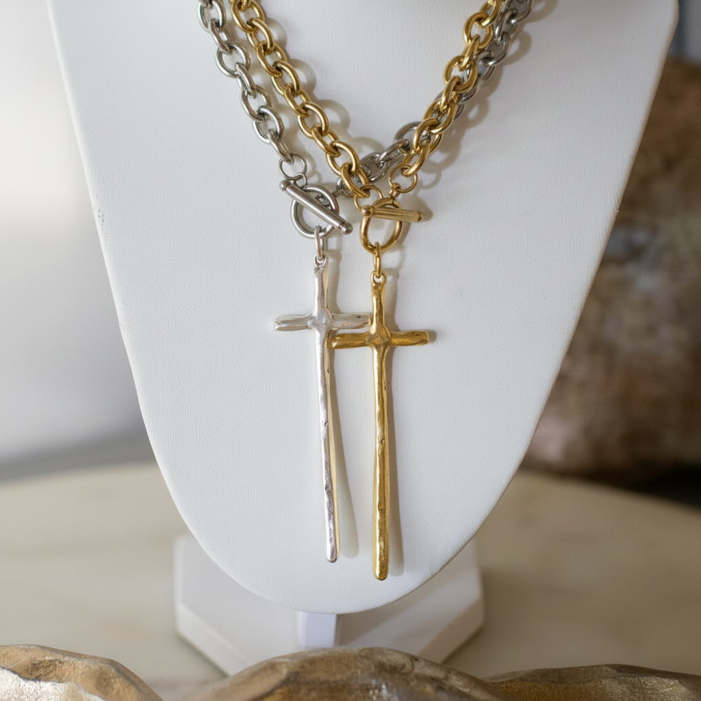 Deep South Originals Inc. - Elongated Cross Toggle Necklace - Stainless Steel - Gold Plated Pewter: Silver