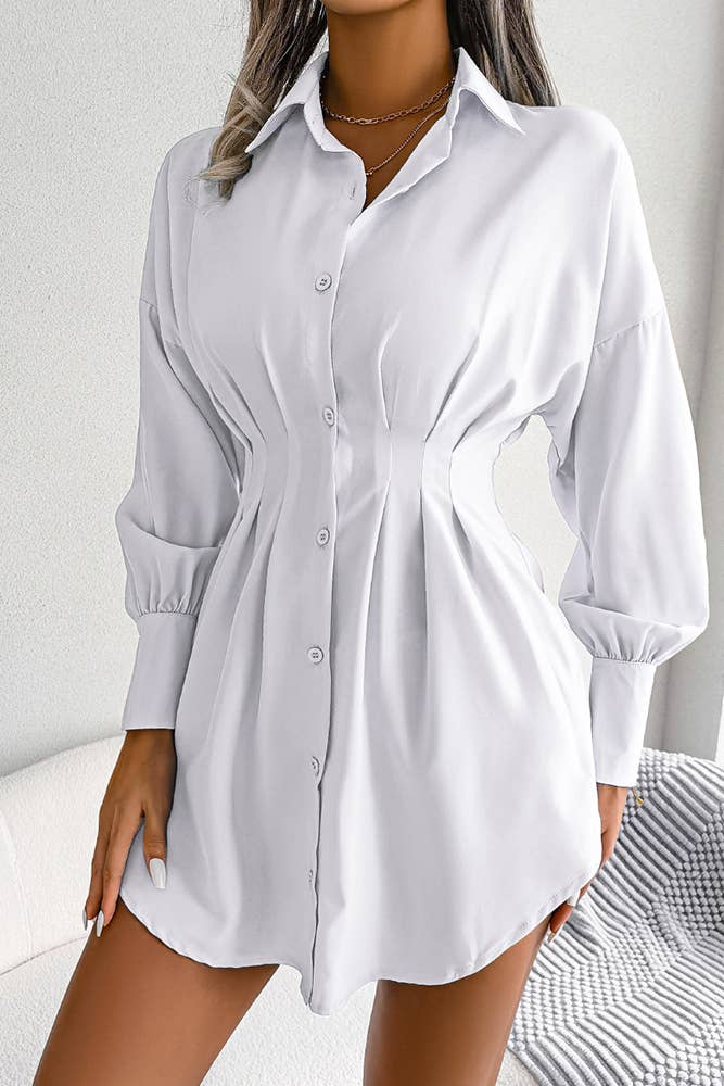 UNISHE - Plain Open Button High Waist Blouse Shirt Dress BJS026: White / S