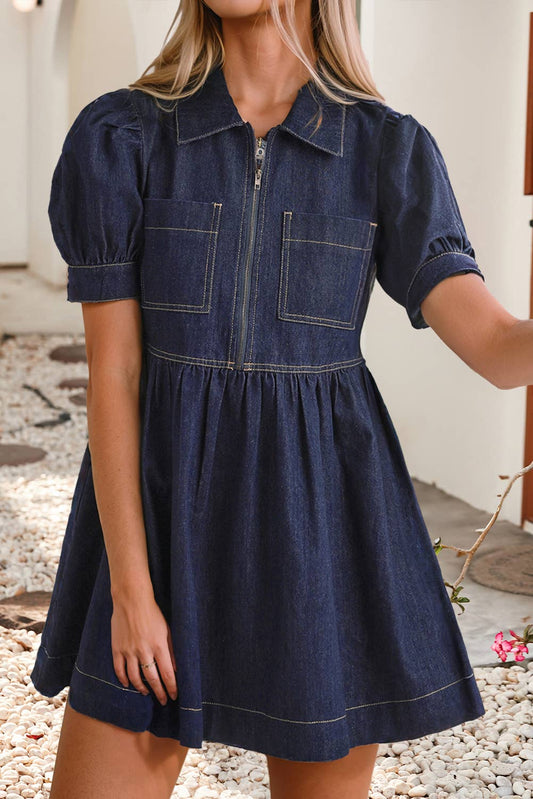 Little Daisy Closet - LDC Zipped up Bodice Collared Short Puff Sleeve Denim Dress: Dirty blue / S