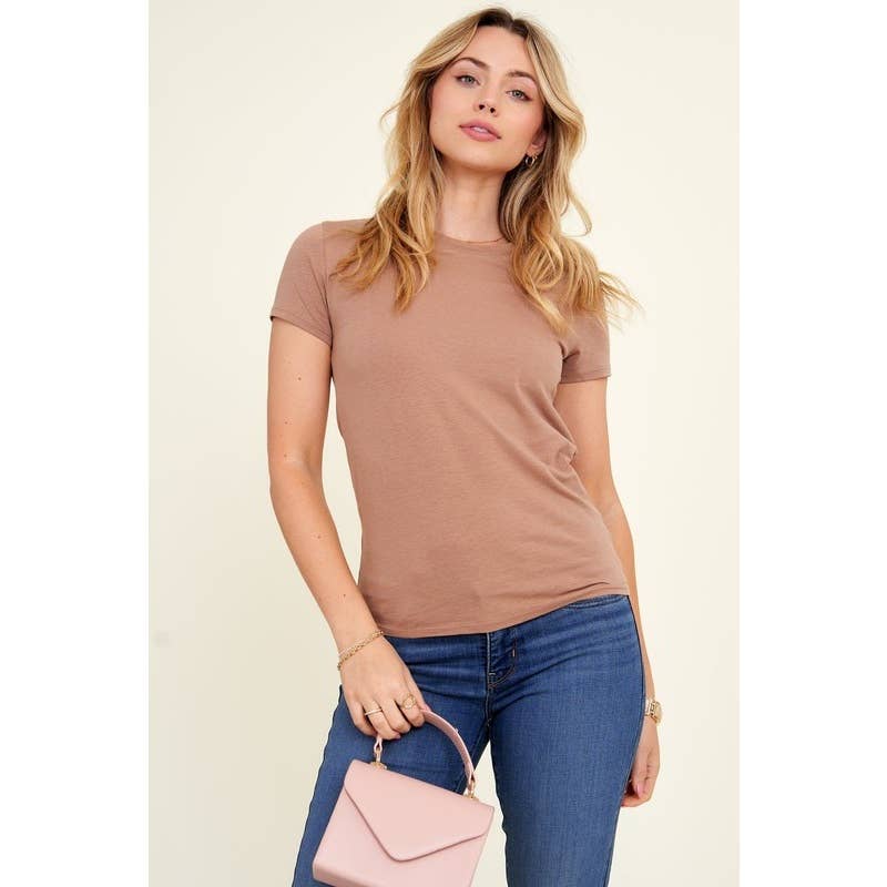Popular 21 - Crew Neck Short Sleeve Basic Casual Knit Top: Beaver Fur / S-M-L(2-2-2)