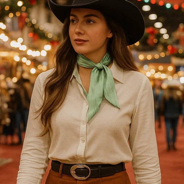 Rodeo Drive - Green and White Western Skinny Mini Wild Rag Scarf / Cowgirl Necktie  #TW127