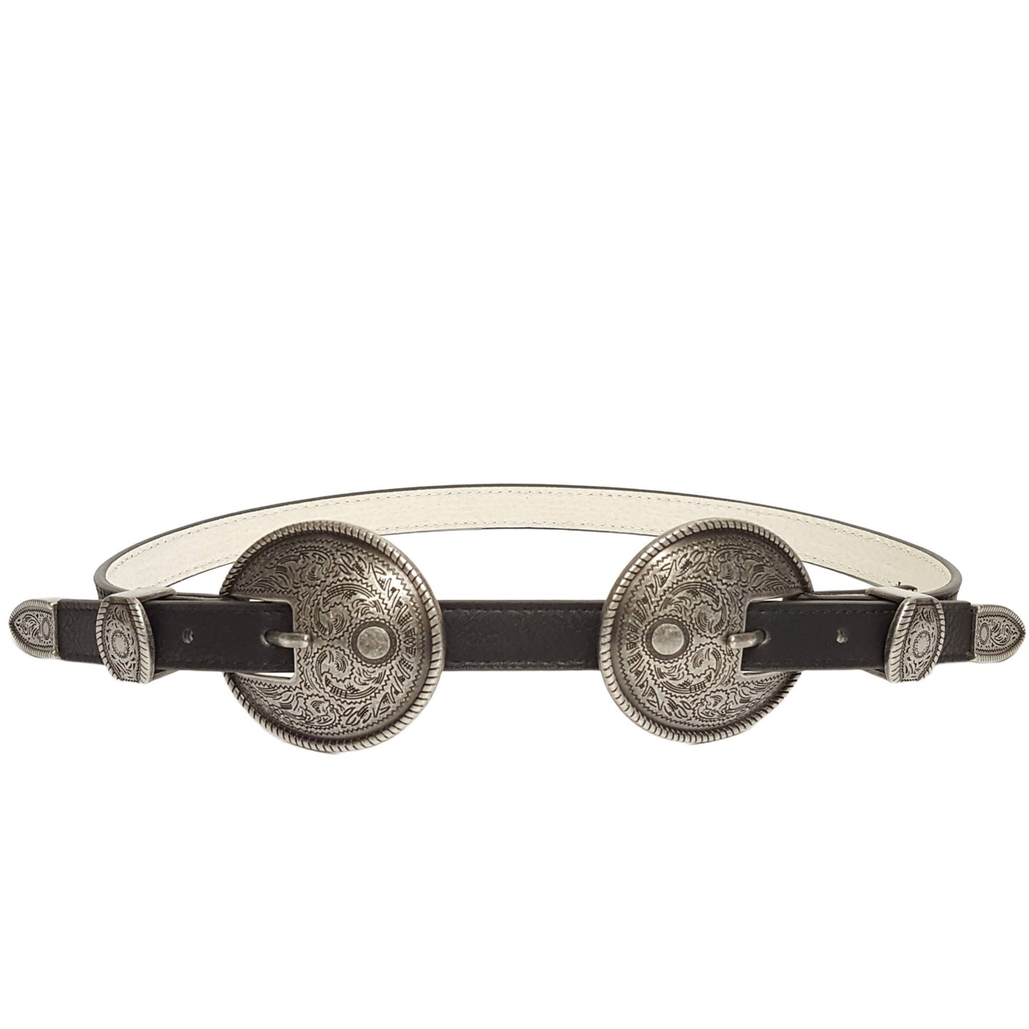 Axesoria West - Antique Silver Double Buckle Skinny Belt : Black / L