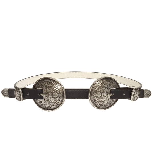 Axesoria West - Antique Silver Double Buckle Skinny Belt : Black / S