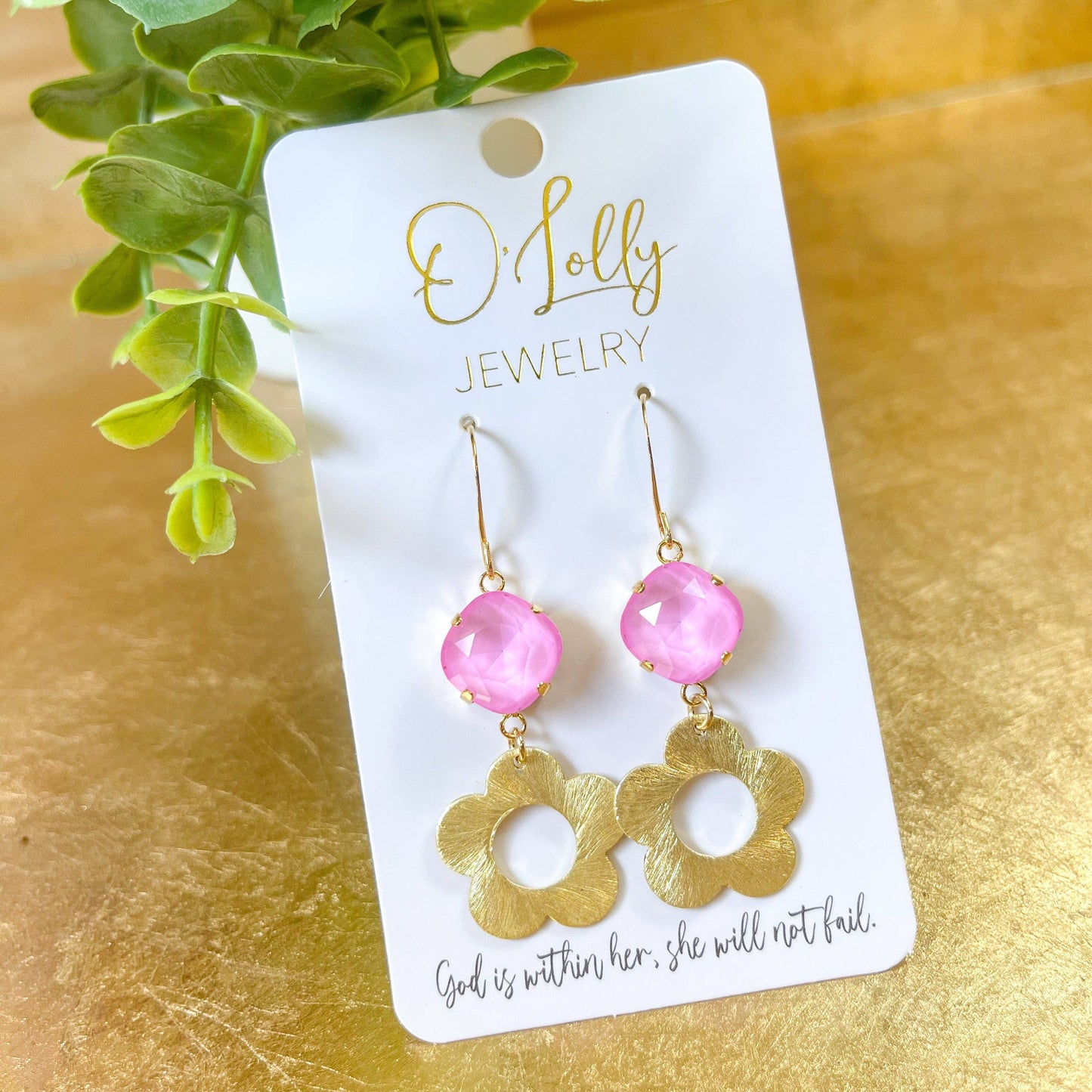 O’Lolly Jewelry - Pink 12mm Stone w/Gold Textured Flower
