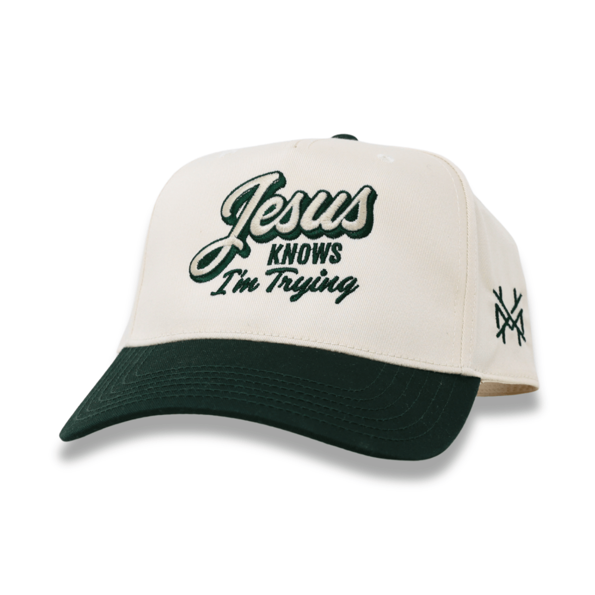 The Mad Hatter Co - Jesus Knows I'm Trying Trucker Hat: Retro Denim Blue/Natural