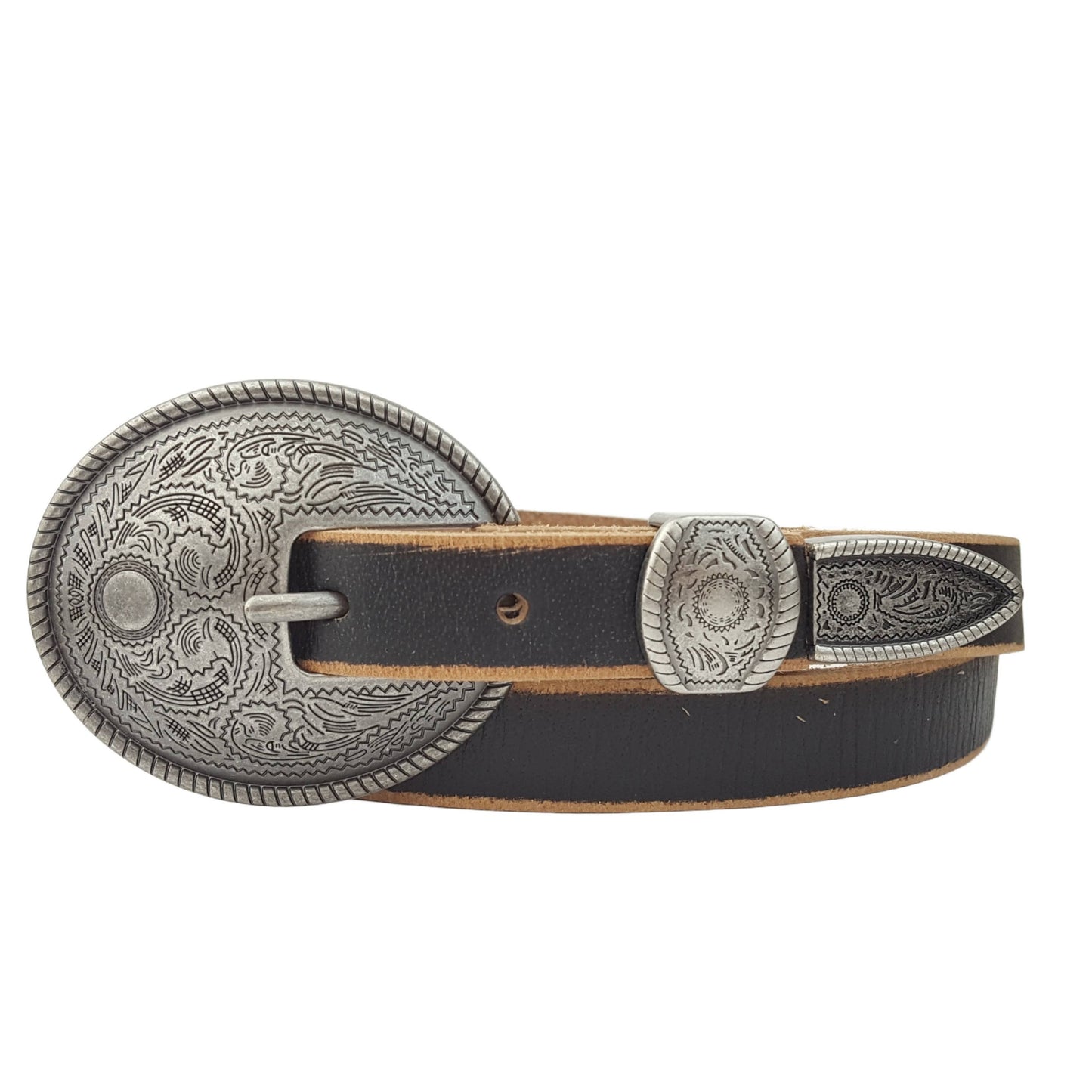 Axesoria West - Vintage Skinny Leather Belt w.  antique silver floral buckle: Brown / M/L