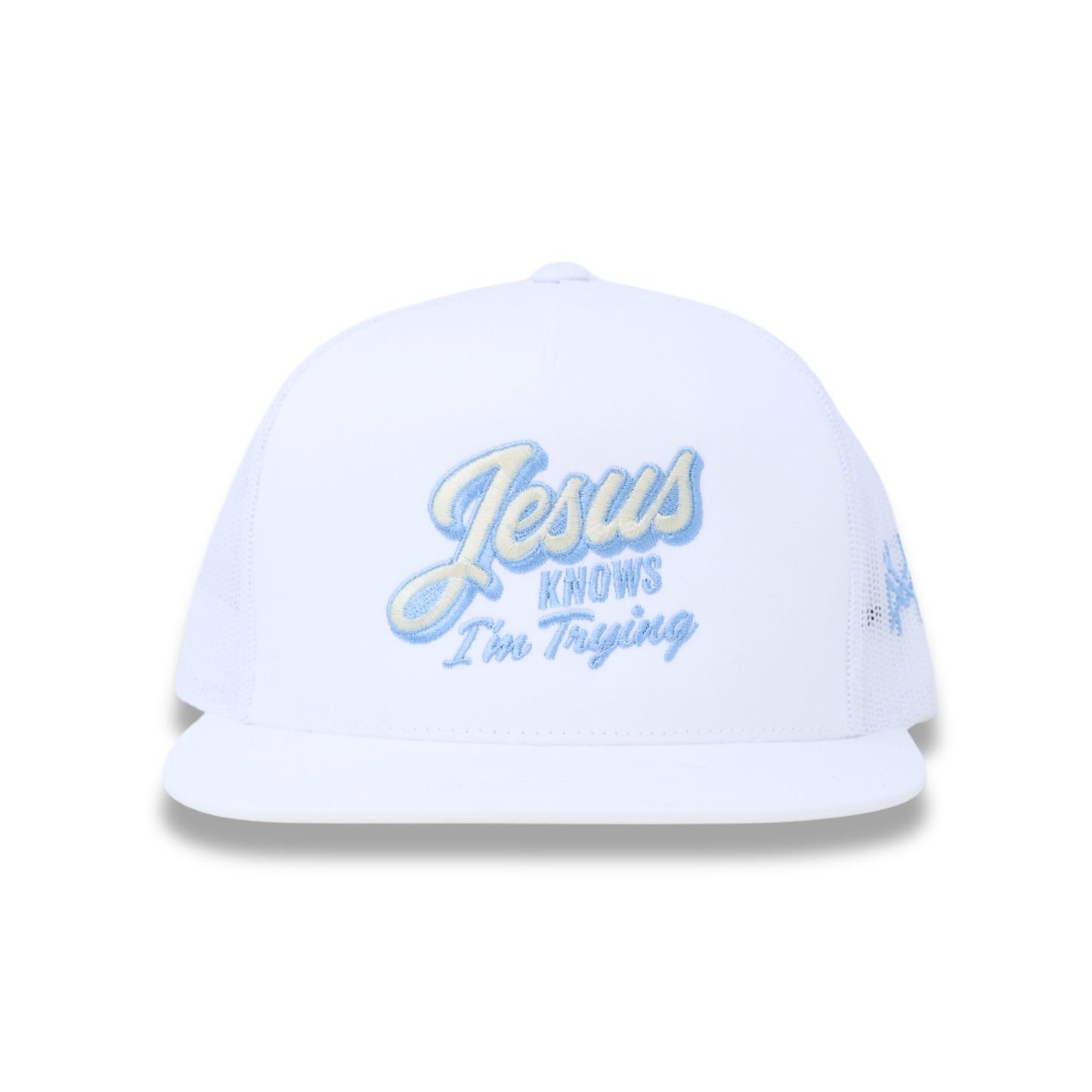 The Mad Hatter Co - Jesus Knows I'm Trying Trucker Hat: Retro Powder Blue/Natural