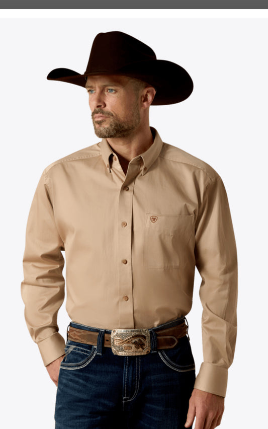 ARIAT MENS KHAKI LONG SLEEVE TWILL CLASSIC FIT SHIRT