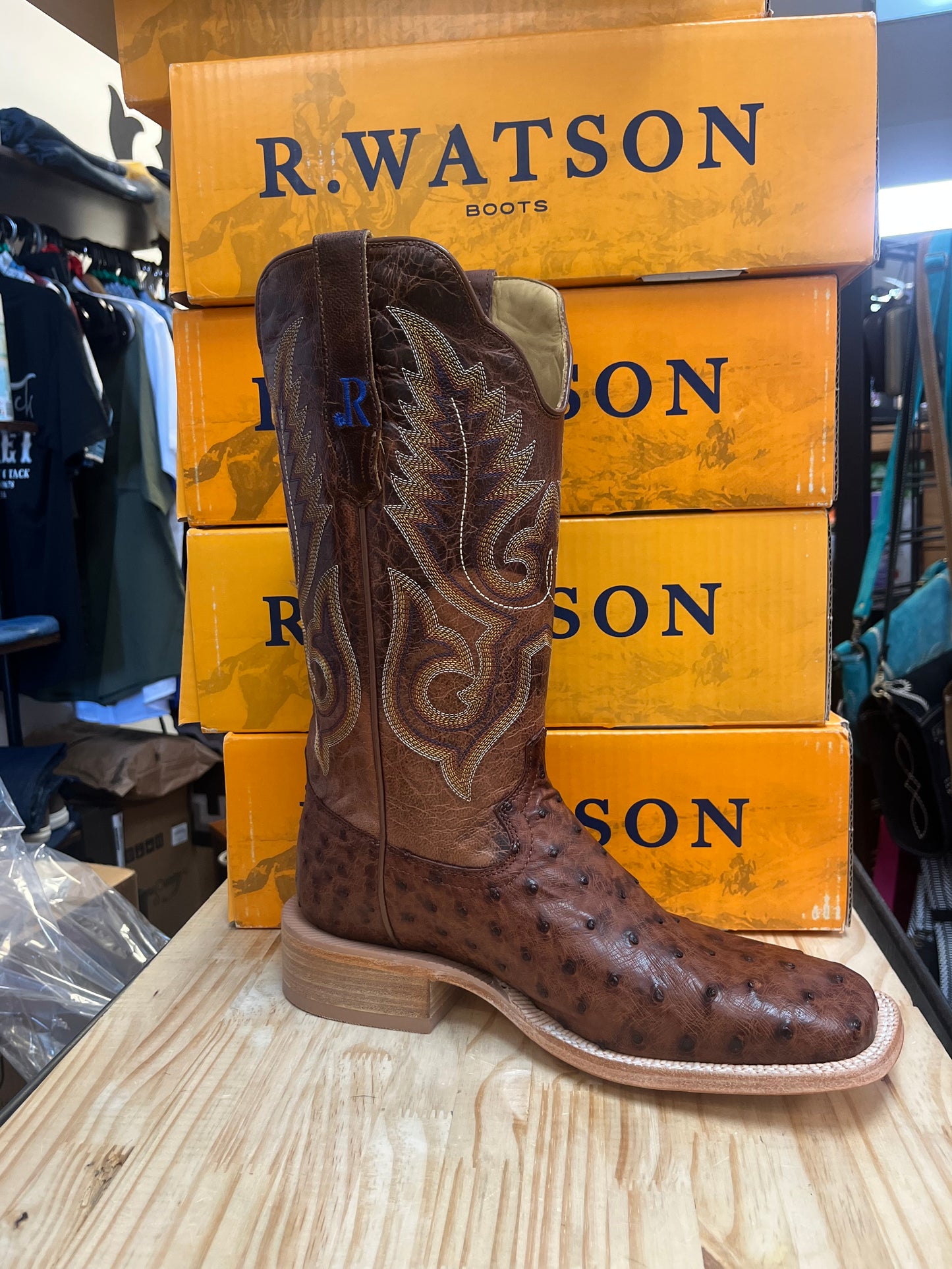 R WATSON MENS BRASS FULL QUILL OSTRICH AND COGNAC GOAT BOOTS