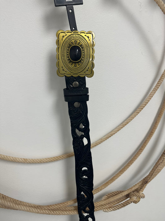 HOOEY ROGUE 1.5 BLACK HAND-TOOLED FILIGREE LEATHER BELT