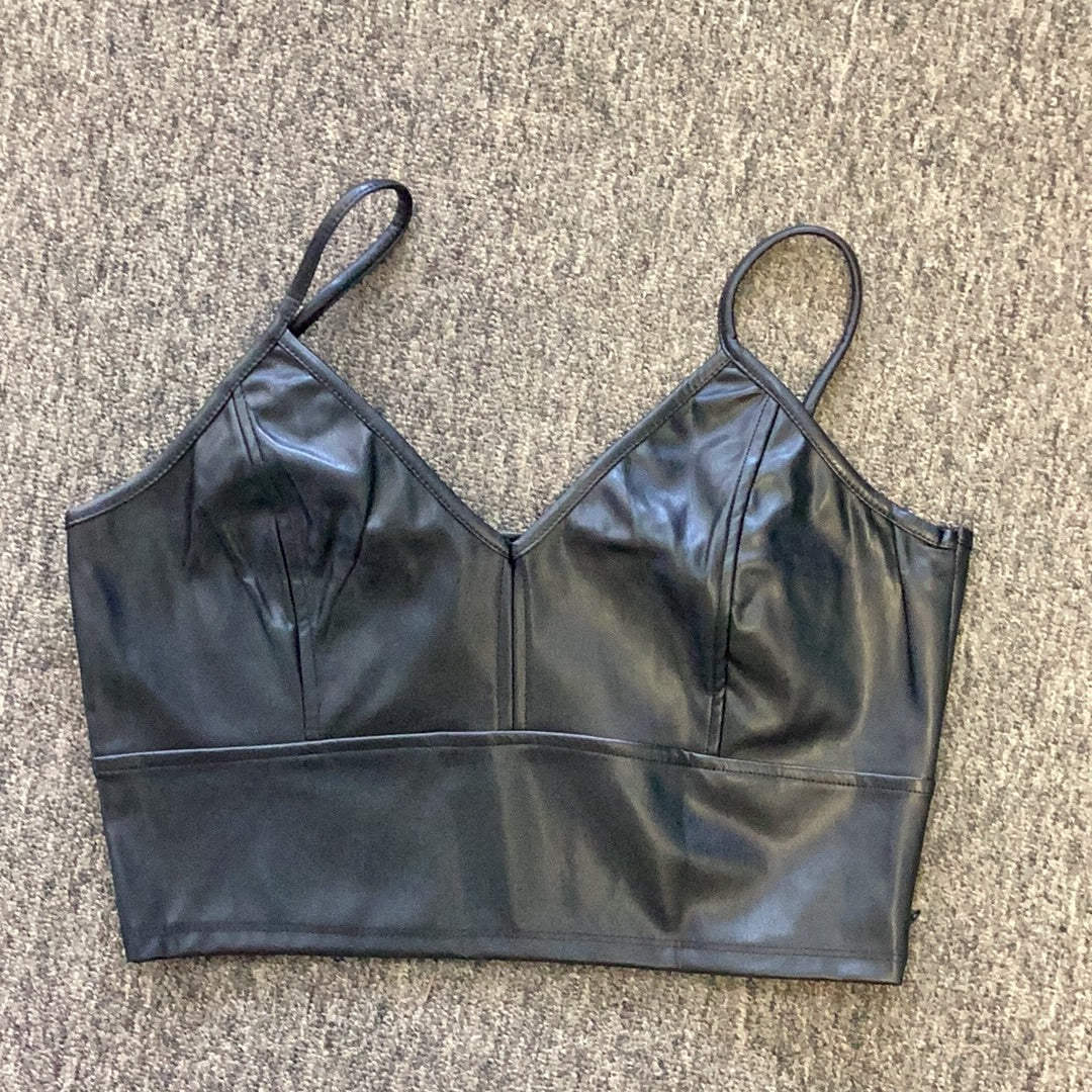 Black Cropped Faux Leather Top