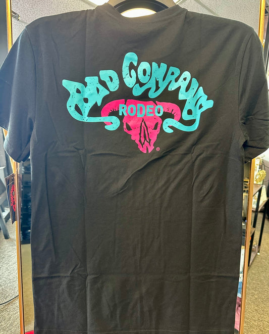 HOOEY BAD COMPANY MENS BLACK CREW NECK SHORT SLEEVE T-SHIRT WITH BLUE/PINK BAD COMPANY LOGO ON BACK