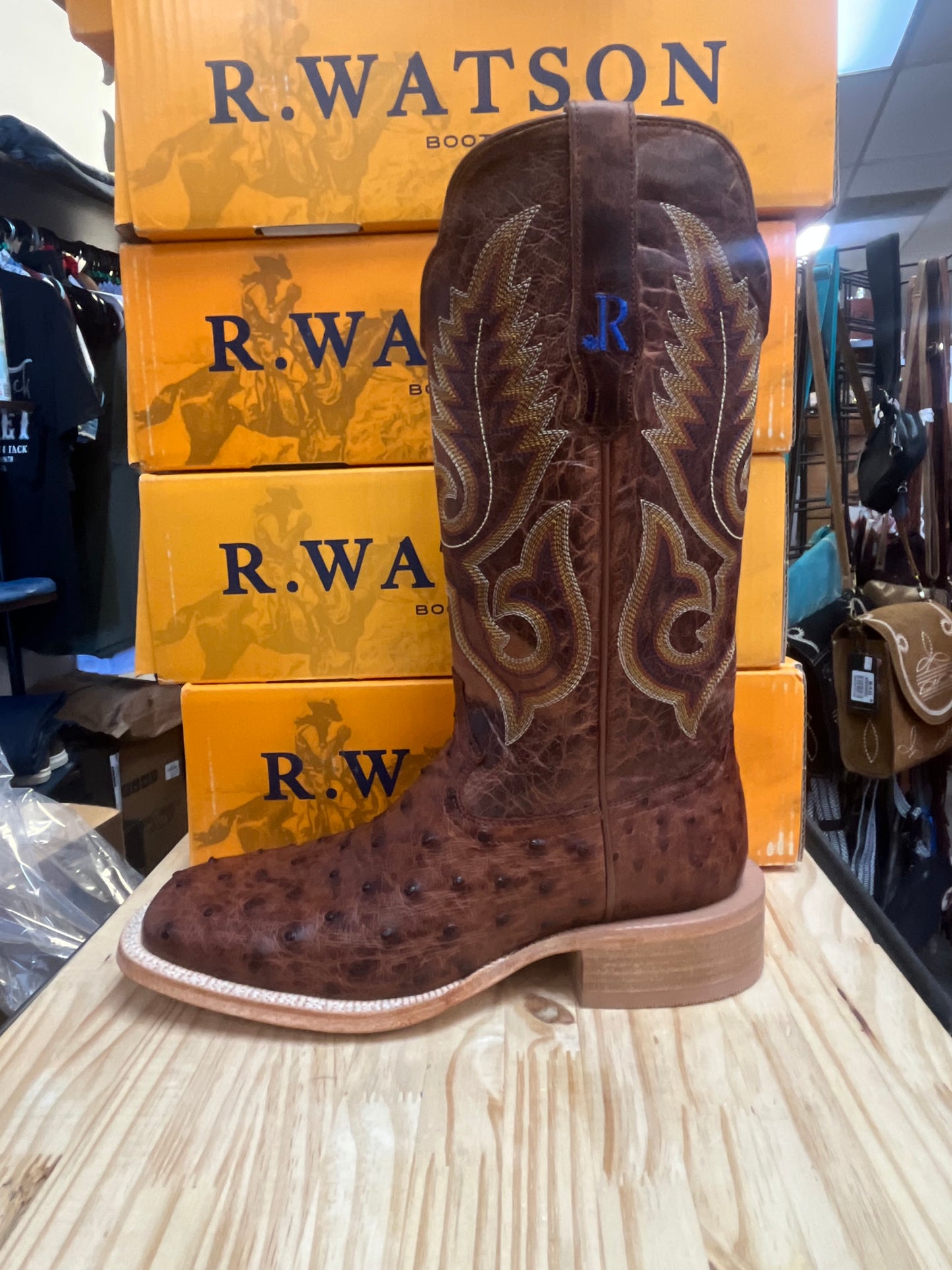 R WATSON MENS BRASS FULL QUILL OSTRICH AND COGNAC GOAT BOOTS