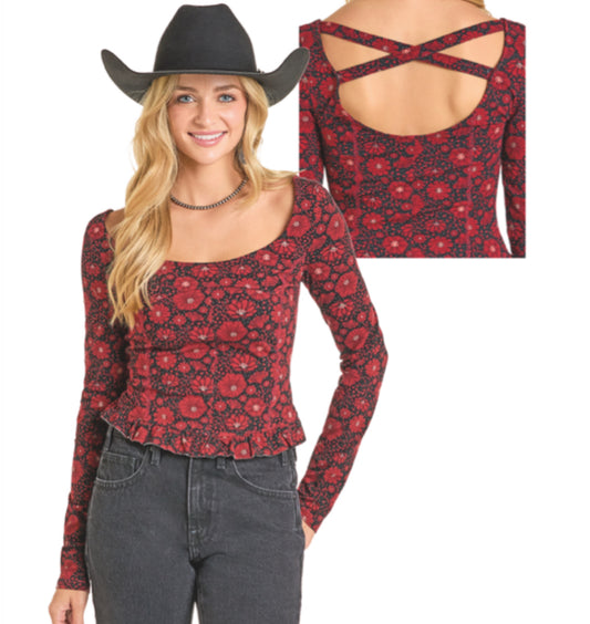 ROCK & ROLL DENIM FLORAL PRINT JERSEY TOP