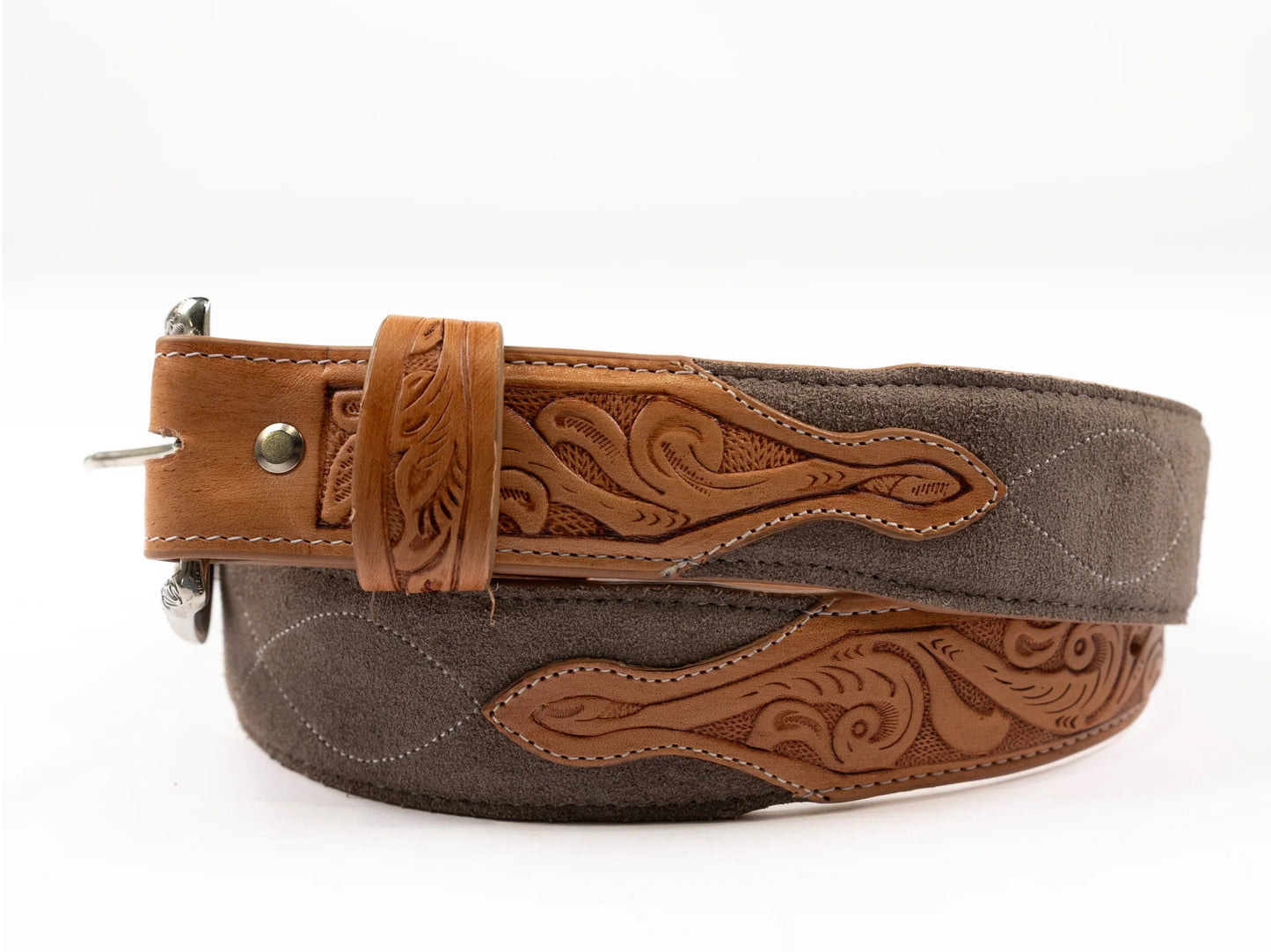 R WATSON MENS CHARCOAL ROUGHOUT SINGLE THREAD EMBROIDERY BELT