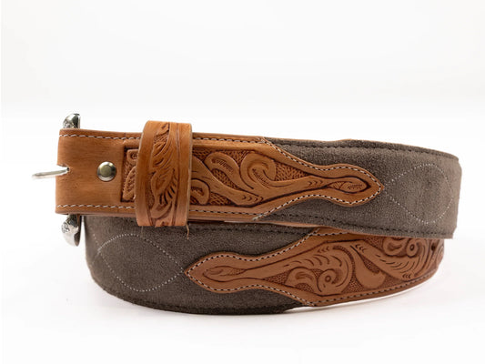 R WATSON MENS CHARCOAL ROUGHOUT SINGLE THREAD EMBROIDERY BELT