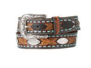 NOCONA 1 1/2 EMBOSED FLOWERS OVAL CONCH BK/RD
