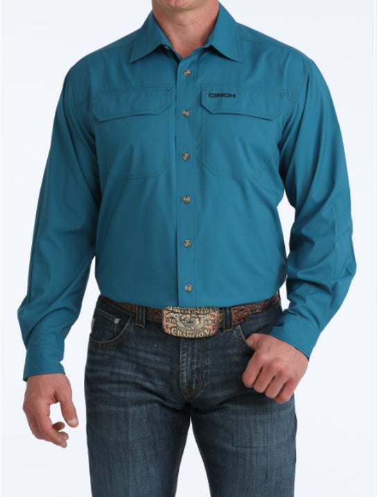 CINCH MENS LONG SLEEVE SOLID TEAL ARENAFLEX BUTTON UP SHIRT