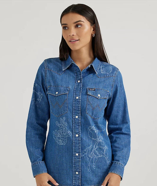 WRANGLER WOMENS WESTERN DENIM LONG SLEEVE LASER CUT SNAP