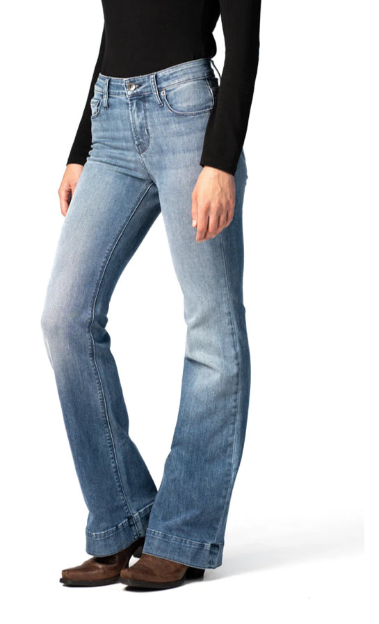 HAALA DENIM BELLA TROUSER FLARE JEAN IN VINTAGE BLUE WITH NAVY STITCHING