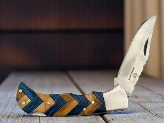 CIRCLE SH CUTLERY BLUE AND BROWN HANDLE FOLDING KNIFE