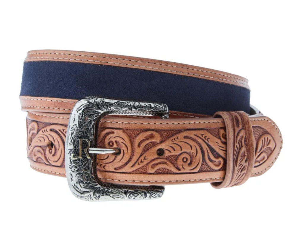 R WATSON MENS NAVY ROUGHOUT BELT WITH NATURAL VEG TANNED BILLETS