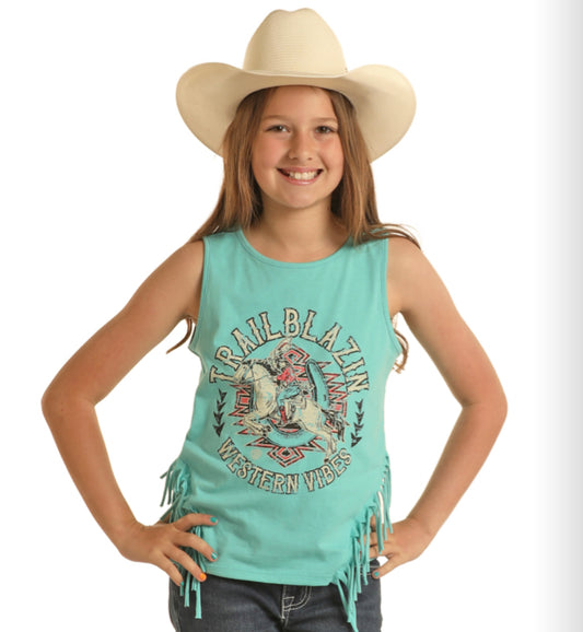 ROCK & ROLL DENIM GIRLS.           GRAPHIC TANK WITH FRINGE