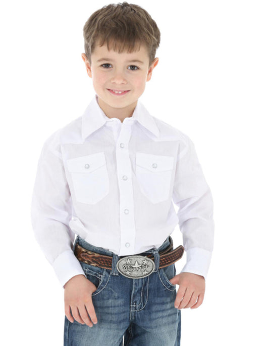 WRANGLER BOYS LONG SLEEVE WHIE DRESS WESTERN SOLID SNAP SHIRT