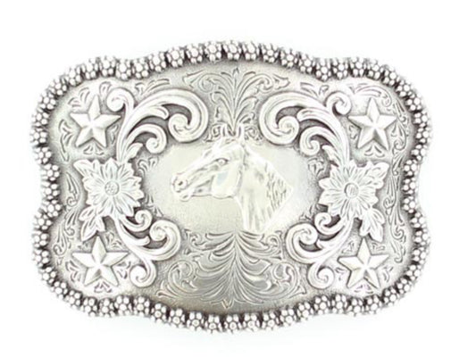 NOCONA HORSEHEAD SILVER BUCKLE WITH STAR ACCENTS AND FLOWER EDGE