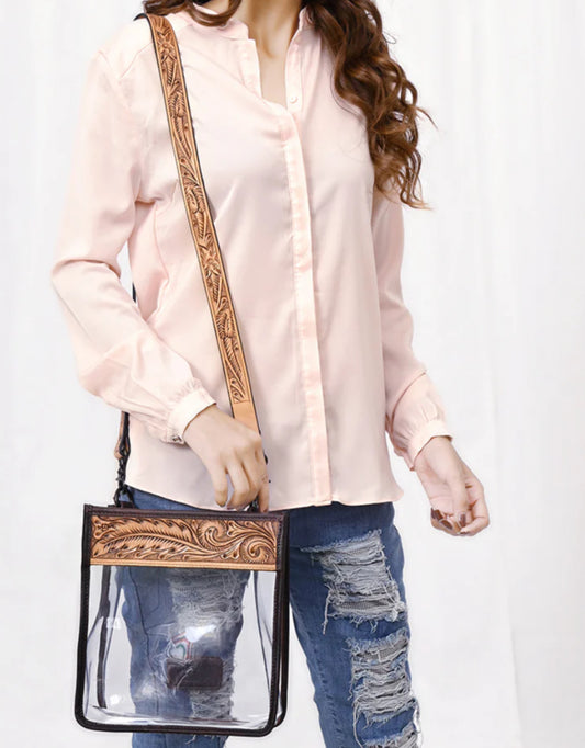 AMERICAN DARLING CLEAR STADIUM CROSSBODY BAG WITH FLORAL TOOLED LEATHER TRIM-WESTERN CONCERT PURSE