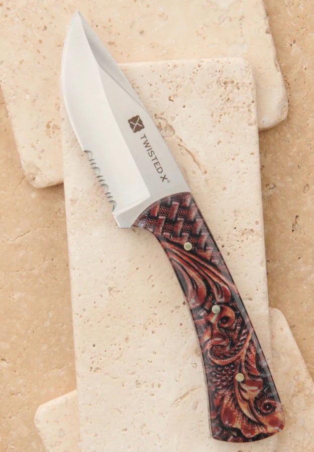 TWISTED X TOOLED HANDLE FIXED BLADE KNIFE WITH SHEATH
