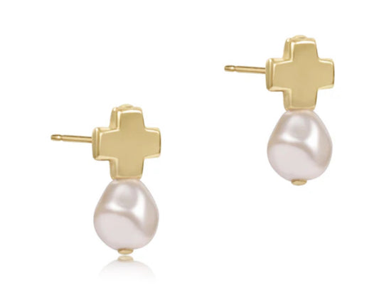E NEWTON SIGNATURE CROSS GOLD STUD EARRINGS PEARL