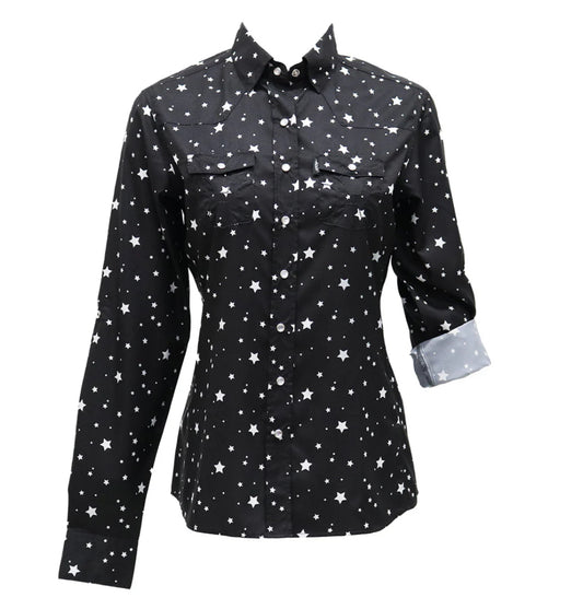 HOOEY WOMENS SOL BLACK/WHITE STAR PATTERN ALL OVER LONG SLEEVE PEARL SNAP WITH LENS CLEANER