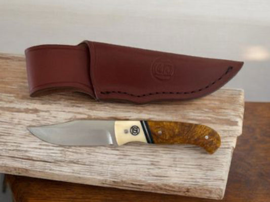 CIRCLE SH CUTLERY 6.5” KNIFE WITH 3” BLADE, BONEAND MAPLE HANDLE WITH LEATHER SHEATH