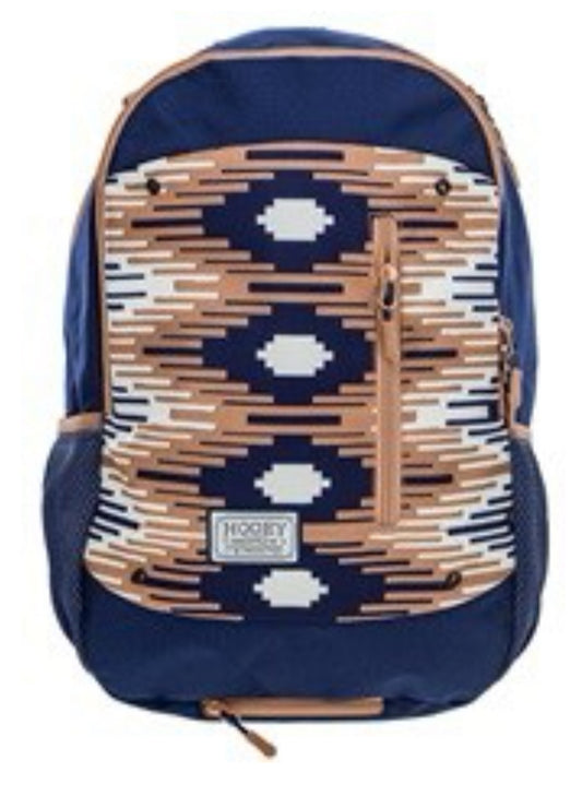 HOOEY ROCKSTAR BACKPACK NAVY BODY WITH WHITE/TAN AZTEC PATTERN FRONT PANEL AND TAN/DENIM ACCENTS